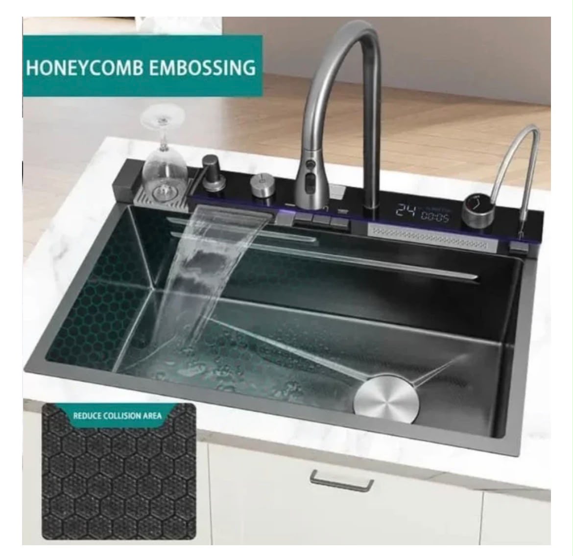 Chiuveta Multifuncționala Moderna cu 2 Cascade – Robinet Cascada Elegant în Negru Grafit, Afișaj Digital al Temperaturii, Dimensiuni 750x460mm, Set Complet de Accesorii Incluse – Design Premium și Durabil