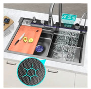 Chiuveta Multifuncționala Moderna cu 2 Cascade – Robinet Cascada Elegant în Negru Grafit, Afișaj Digital al Temperaturii, Dimensiuni 750x460mm, Set Complet de Accesorii Incluse – Design Premium și Durabil