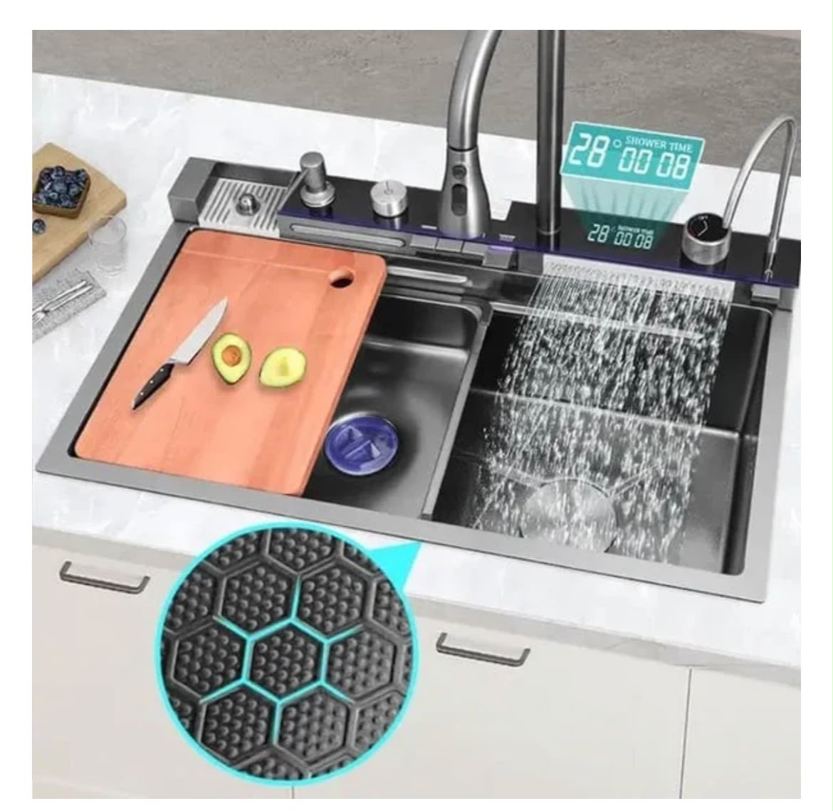 Chiuveta Multifuncționala Moderna cu 2 Cascade – Robinet Cascada Elegant în Negru Grafit, Afișaj Digital al Temperaturii, Dimensiuni 750x460mm, Set Complet de Accesorii Incluse – Design Premium și Durabil