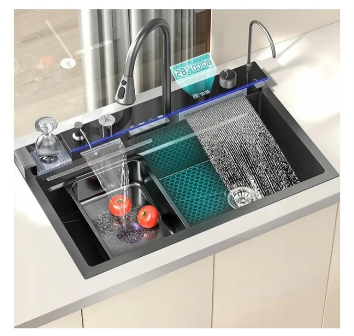 Chiuveta Multifuncționala Moderna cu 2 Cascade – Robinet Cascada Elegant în Negru Grafit, Afișaj Digital al Temperaturii, Dimensiuni 750x460mm, Set Complet de Accesorii Incluse – Design Premium și Durabil