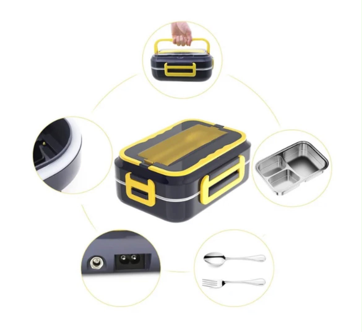 Cutie alimentara portabila incalzire electrica, inox, set tacamuri inclus, pentru masina si casa