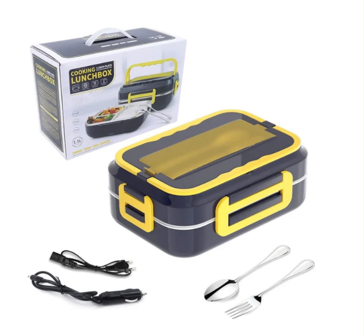 Cutie alimentara portabila incalzire electrica, inox, set tacamuri inclus, pentru masina si casa