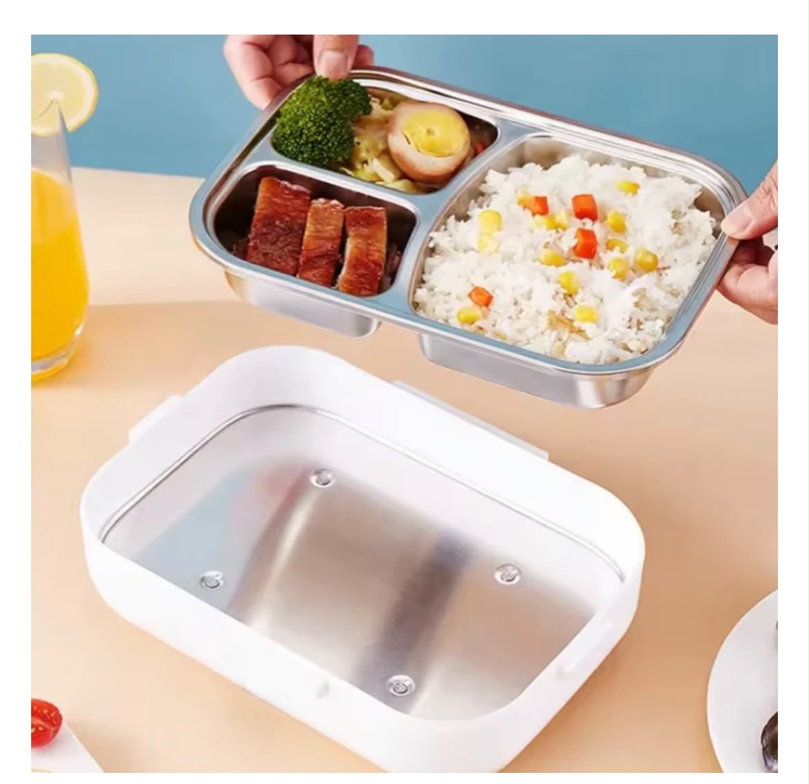 Cutie alimentara portabila incalzire electrica, inox, set tacamuri inclus, pentru masina si casa