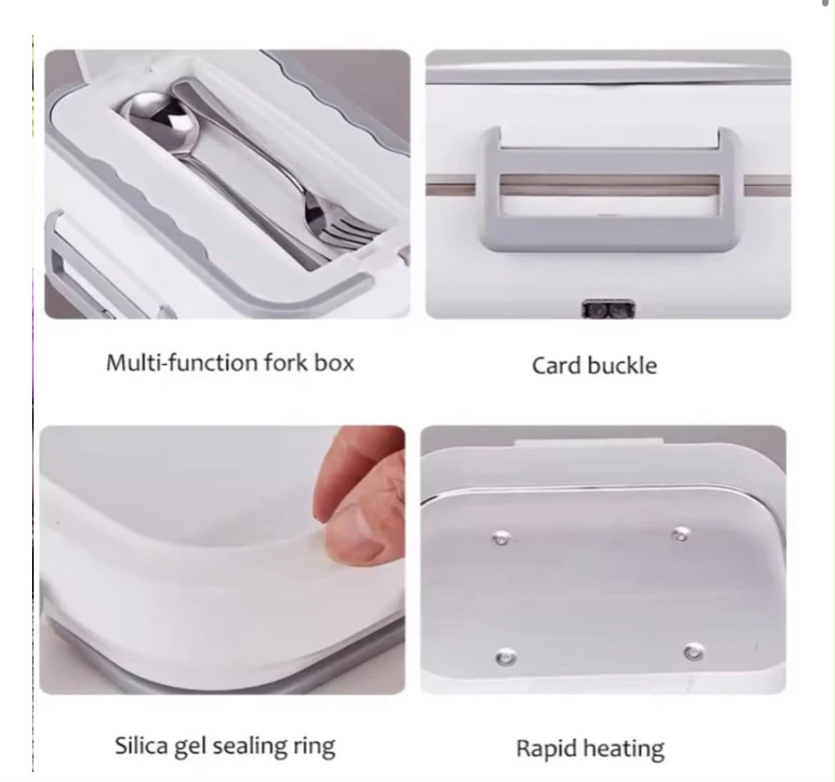 Cutie alimentara portabila incalzire electrica, inox, set tacamuri inclus, pentru masina si casa