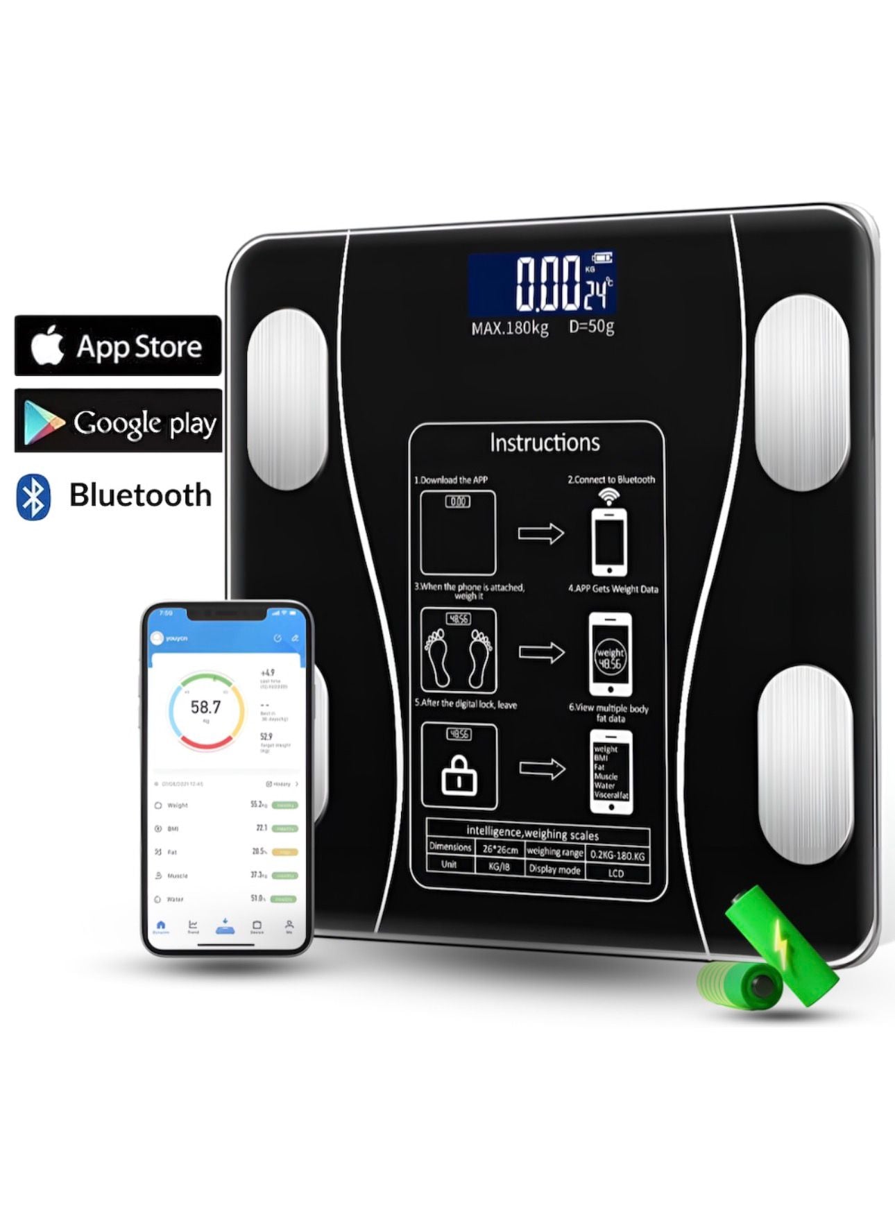 Cantar corporal cu ecran digital lluminat, aplicatie smart, compatibil android/los
