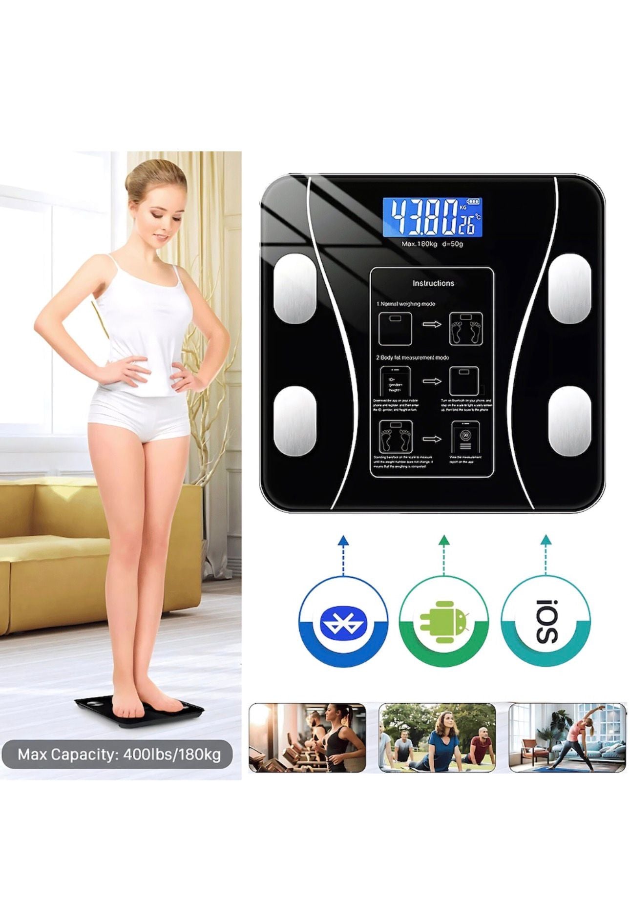 Cantar corporal cu ecran digital lluminat, aplicatie smart, compatibil android/los