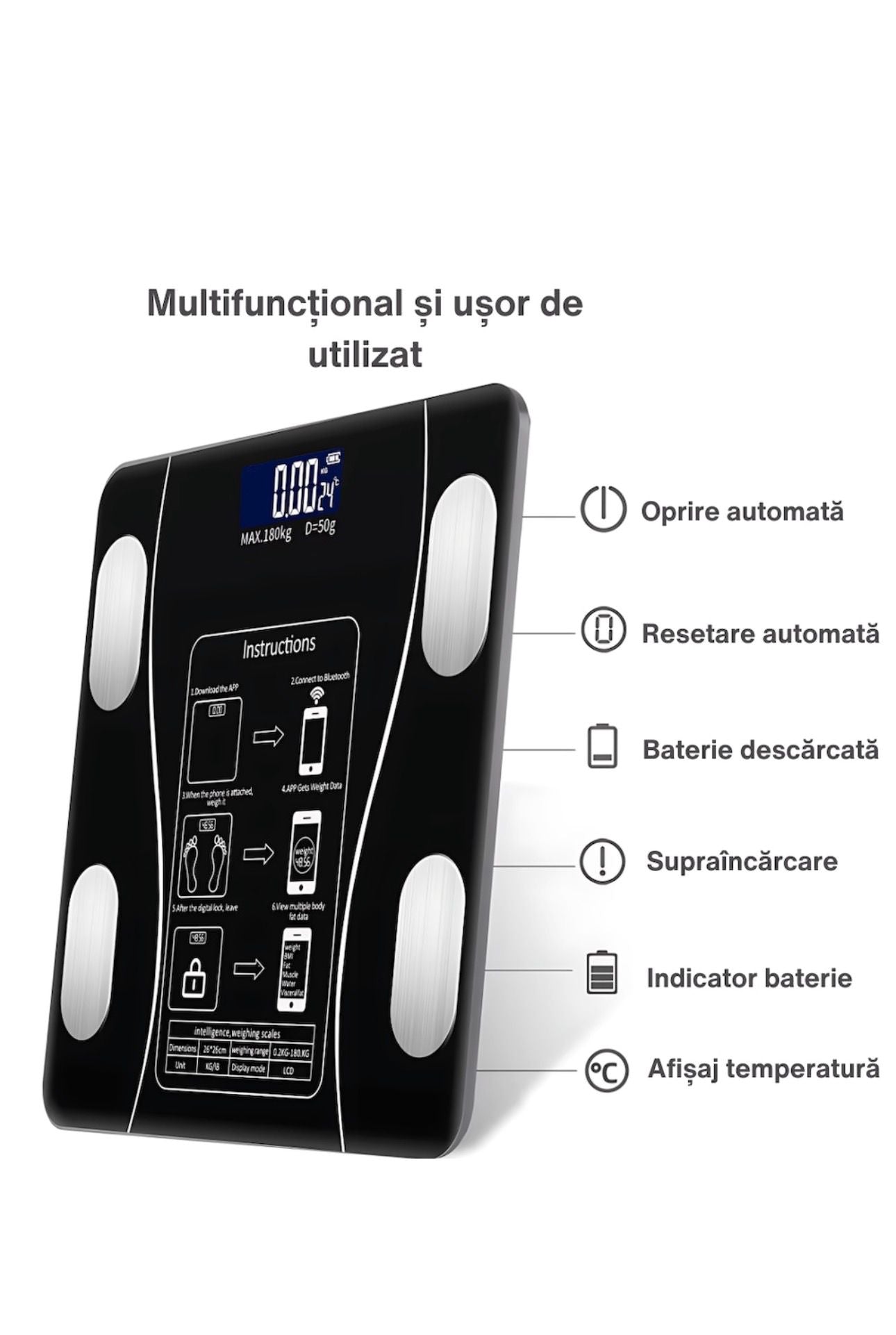 Cantar corporal cu ecran digital lluminat, aplicatie smart, compatibil android/los