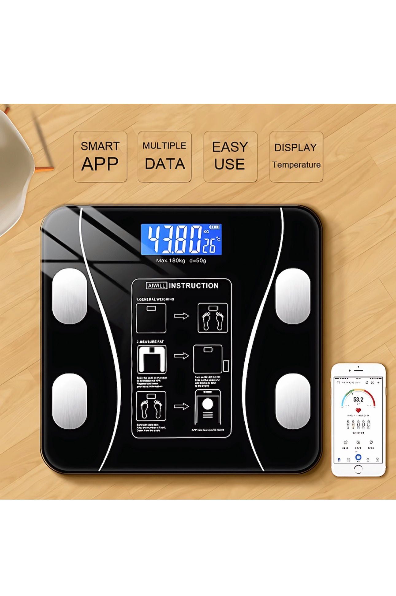 Cantar corporal cu ecran digital lluminat, aplicatie smart, compatibil android/los