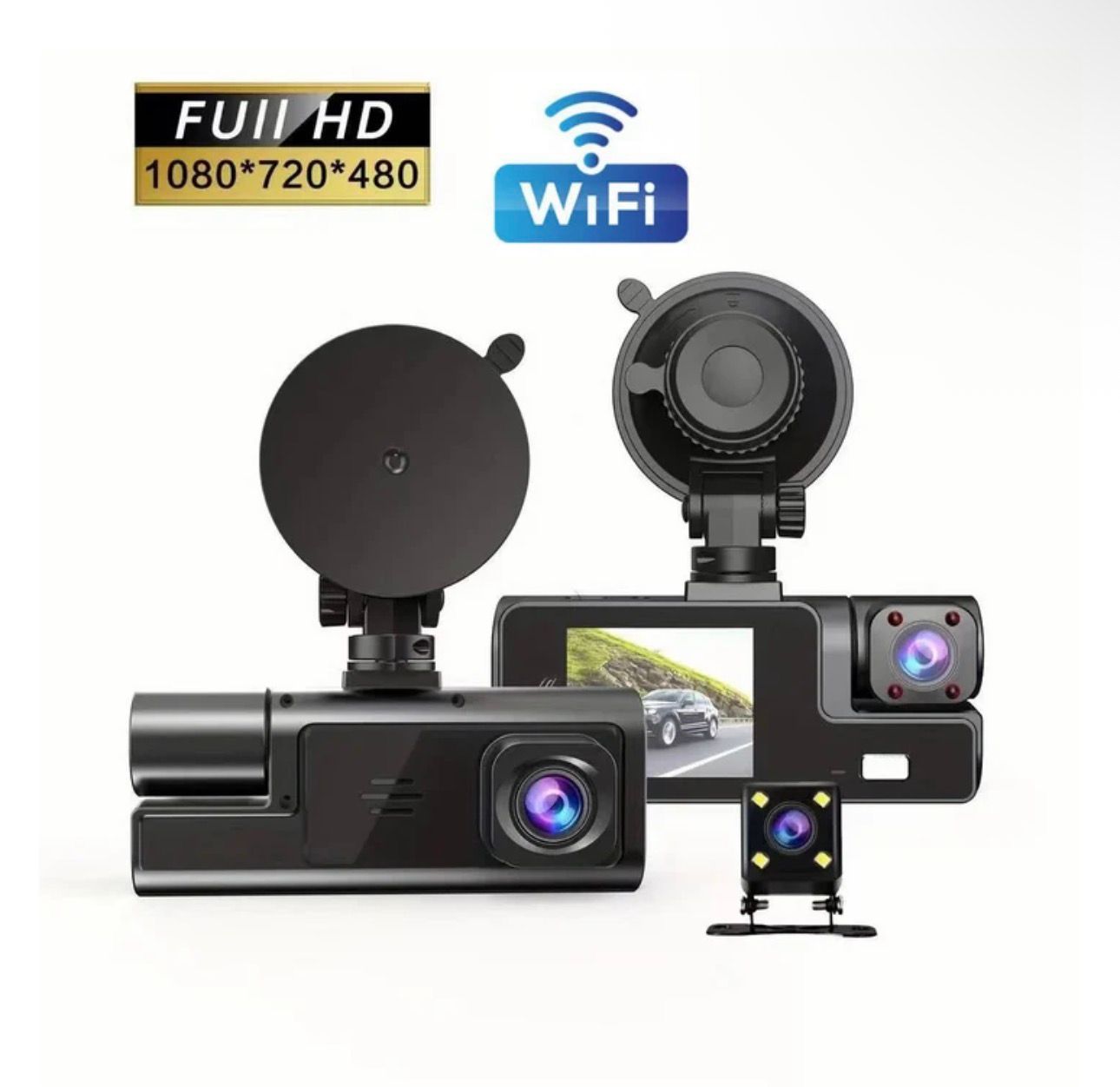 CAMERA AUTO TRIPLĂ FULL HD 1080P – 3 CAMERE FAȚĂ/SPATE/INTERIOR, ECRAN 2”, G-SENZOR, ÎNREGISTRARE CICLICĂ