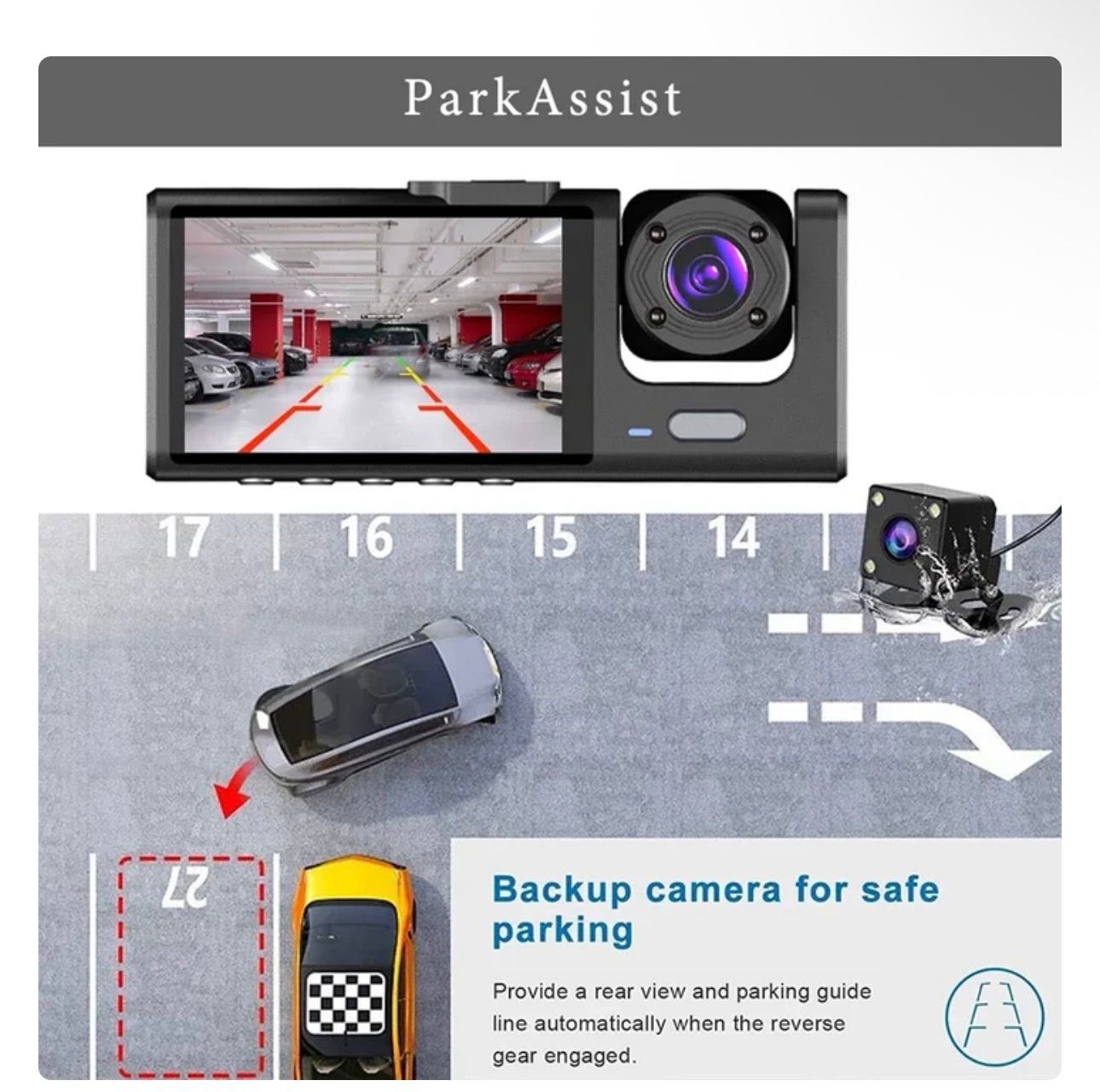 CAMERA AUTO TRIPLĂ FULL HD 1080P – 3 CAMERE FAȚĂ/SPATE/INTERIOR, ECRAN 2”, G-SENZOR, ÎNREGISTRARE CICLICĂ
