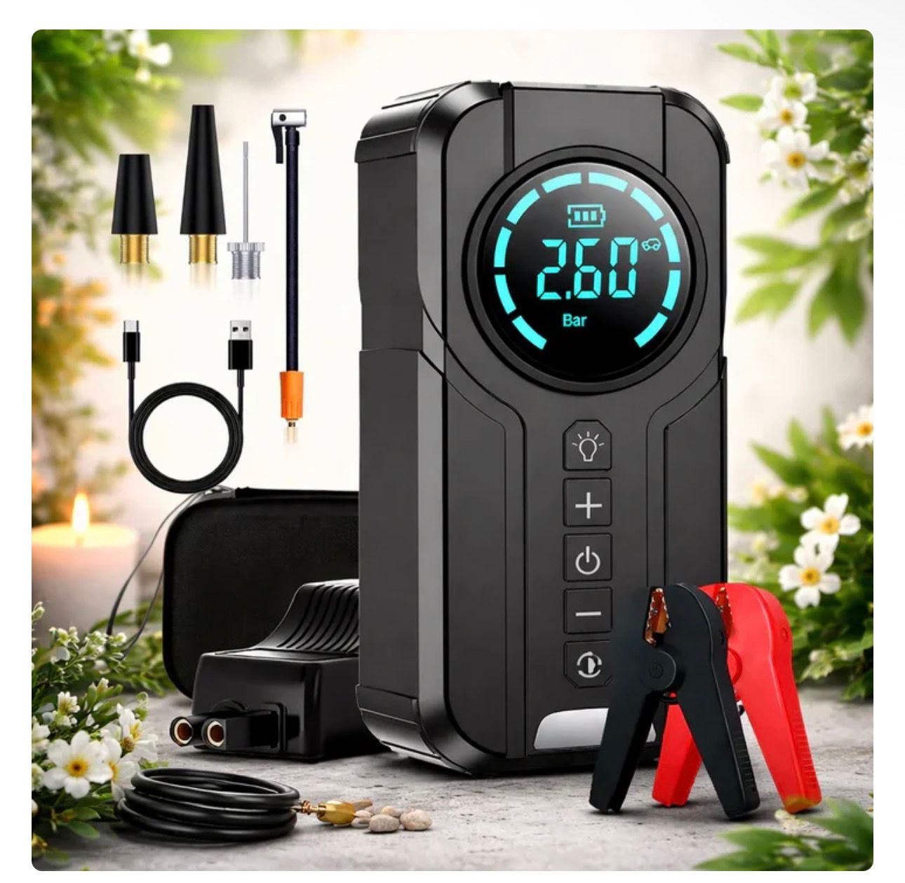 Compresor Auto Multifuncțional 5 în 1, Pornire de Urgență, Power Bank, Afișaj Digital, Lanternă LED și Umflare Anvelope, Baterie Externă Inclusă
Preț de vânzare 239,99 lei
Preț întreg