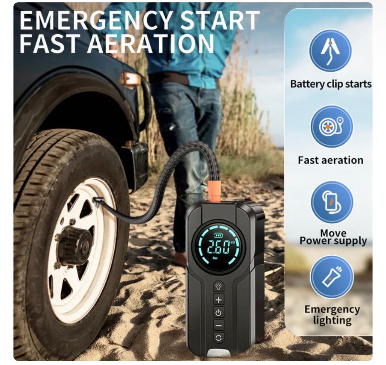 Compresor Auto Multifuncțional 5 în 1, Pornire de Urgență, Power Bank, Afișaj Digital, Lanternă LED și Umflare Anvelope, Baterie Externă Inclusă
Preț de vânzare 239,99 lei
Preț întreg