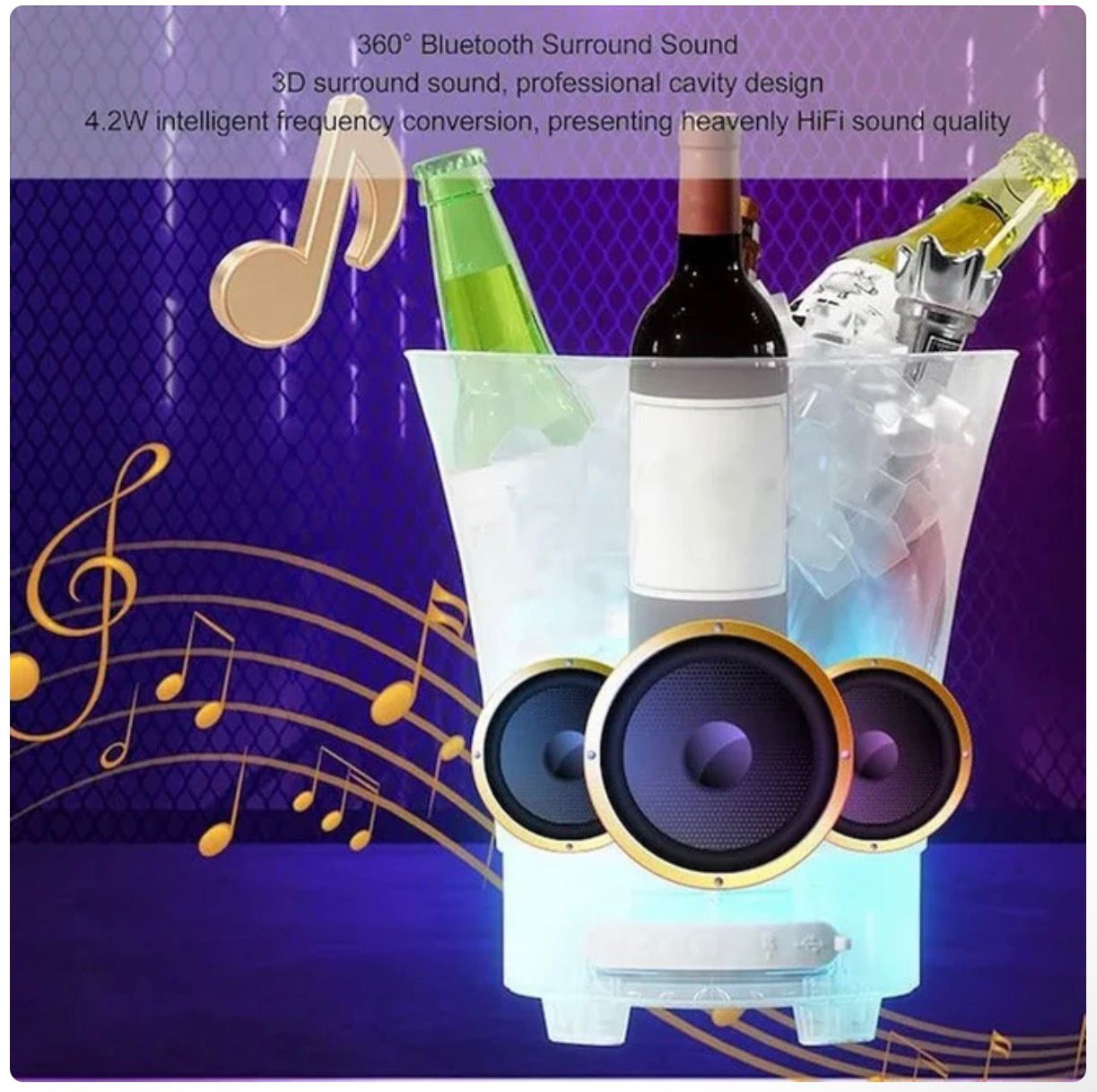 Frapieră gheață 5L cu iluminare LED și boxă wireless integrată, plastic translucid