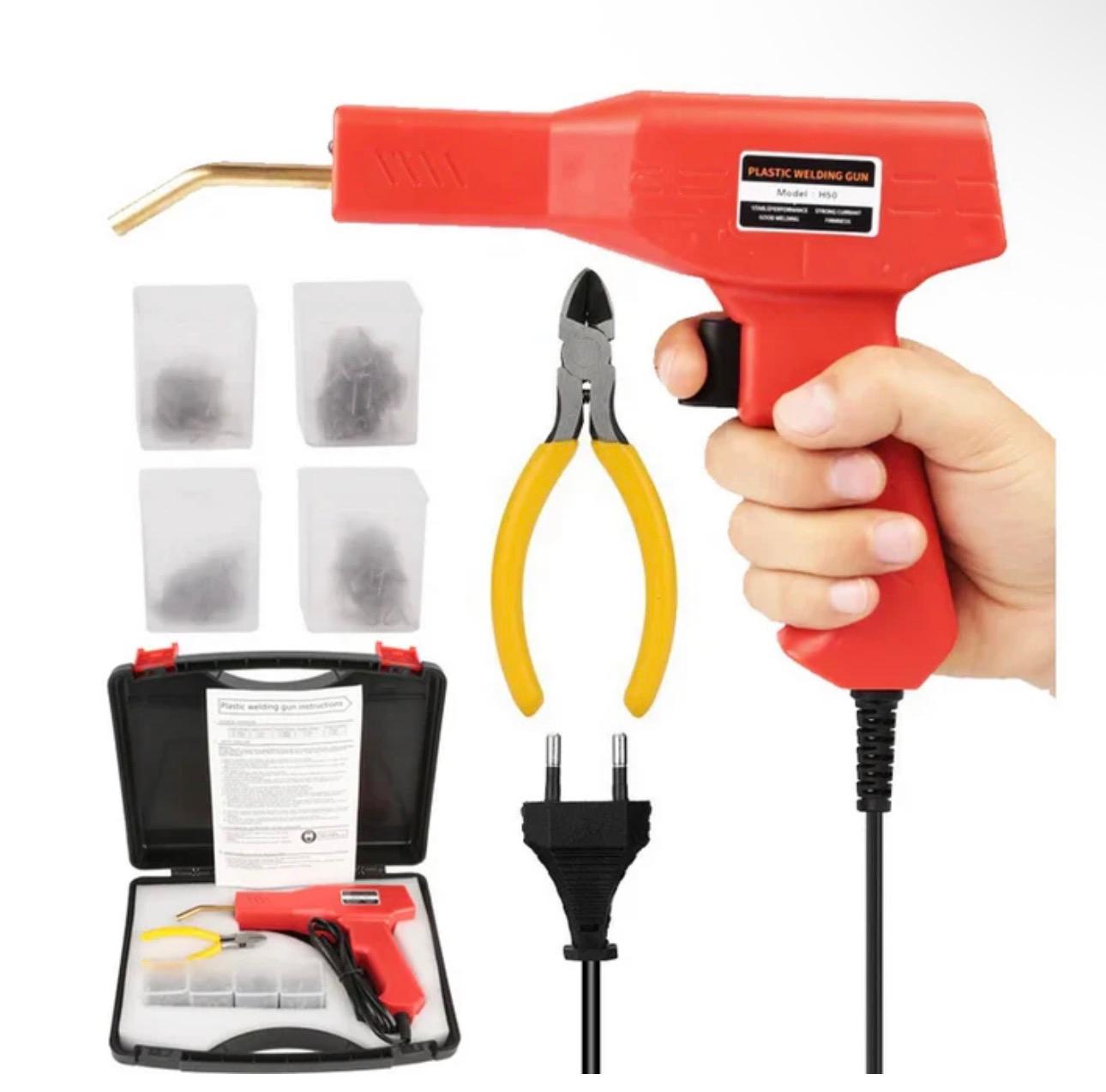Kit Profesional Pistol pentru Lipit Plastic 50W, Aparat Sudură pentru Bară Auto, 200 Capse Incluse, Accesorii Complete pentru Repararea Fisurilor și Elementelor din Plastic