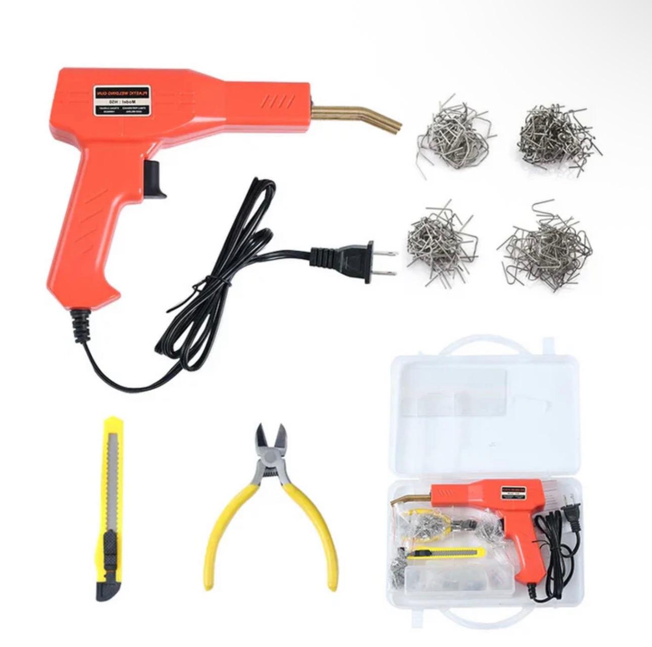 Kit Profesional Pistol pentru Lipit Plastic 50W, Aparat Sudură pentru Bară Auto, 200 Capse Incluse, Accesorii Complete pentru Repararea Fisurilor și Elementelor din Plastic