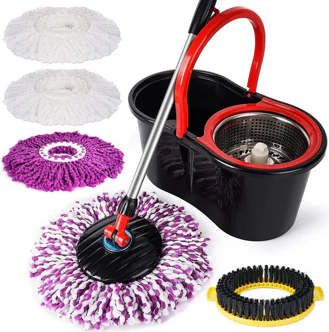Set mop rotativ 360° cu galeata din inox, storcator automat si 4 rezerve microfibra, Garantie 3 Ani