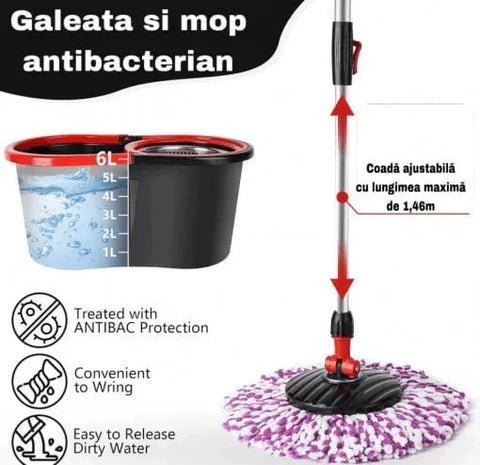 Set mop rotativ 360° cu galeata din inox, storcator automat si 4 rezerve microfibra, Garantie 3 Ani