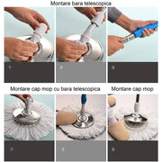 Set mop rotativ 360° cu galeata din inox, storcator automat si 4 rezerve microfibra, Garantie 3 Ani