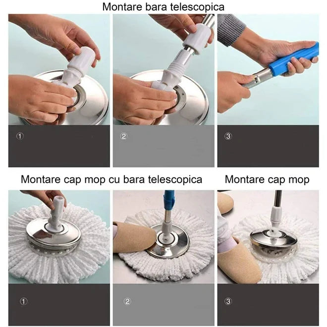 Set mop rotativ 360° cu galeata din inox, storcator automat si 4 rezerve microfibra, Garantie 3 Ani