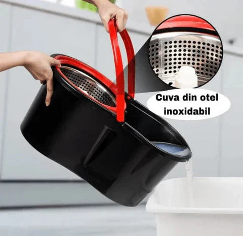 Set mop rotativ 360° cu galeata din inox, storcator automat si 4 rezerve microfibra, Garantie 3 Ani