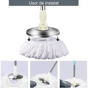 Set mop rotativ 360° cu galeata din inox, storcator automat si 4 rezerve microfibra, Garantie 3 Ani