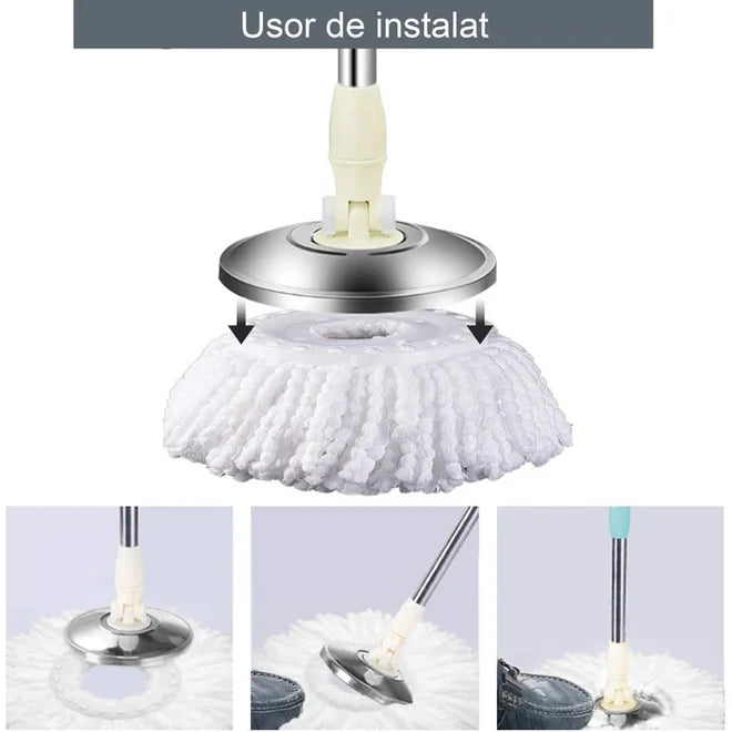 Set mop rotativ 360° cu galeata din inox, storcator automat si 4 rezerve microfibra, Garantie 3 Ani