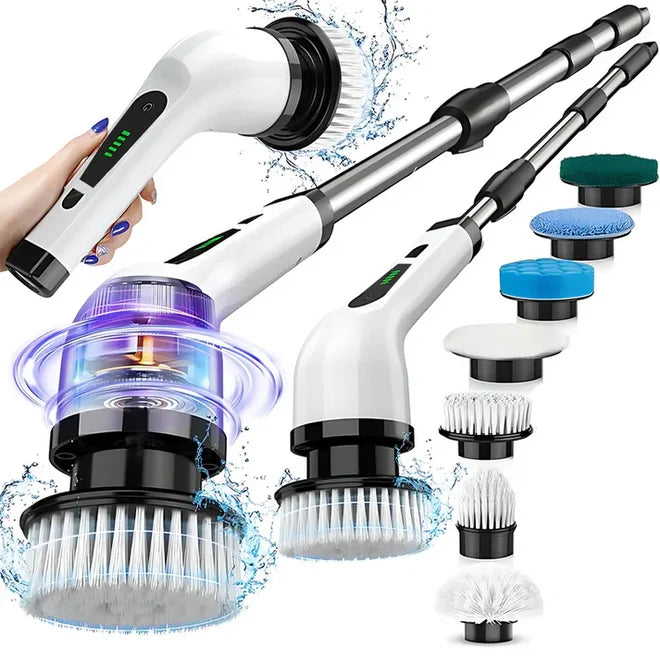 Perie Electrică de Curățare 9 în 1, Afișaj Digital, Mâner Telescopic Reglabil, Capete Interschimbabile, Curățare Multifuncțională pentru Baie și Bucătărie