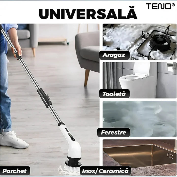 Perie Electrică de Curățare 9 în 1, Afișaj Digital, Mâner Telescopic Reglabil, Capete Interschimbabile, Curățare Multifuncțională pentru Baie și Bucătărie