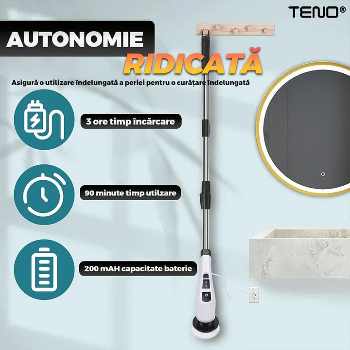 Perie Electrică de Curățare 9 în 1, Afișaj Digital, Mâner Telescopic Reglabil, Capete Interschimbabile, Curățare Multifuncțională pentru Baie și Bucătărie