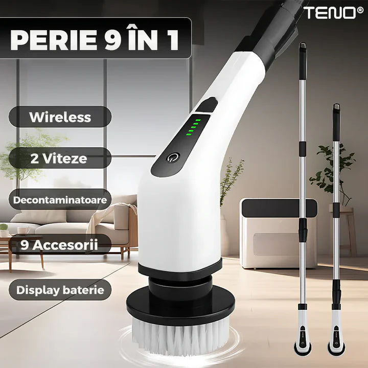 Perie Electrică de Curățare 9 în 1, Afișaj Digital, Mâner Telescopic Reglabil, Capete Interschimbabile, Curățare Multifuncțională pentru Baie și Bucătărie