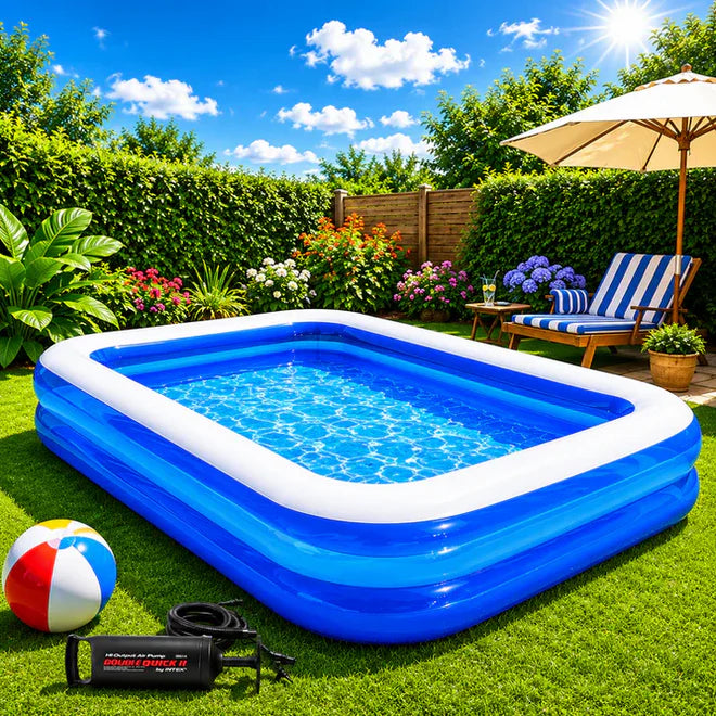 Piscină Gonflabilă 200x140x40 cm, 2 Inele Rezistente, PVC Gros, pentru Copii și Adulți