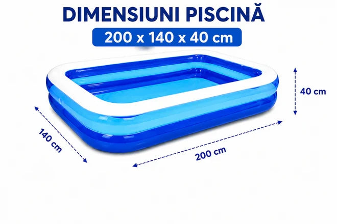 Piscină Gonflabilă 200x140x40 cm, 2 Inele Rezistente, PVC Gros, pentru Copii și Adulți